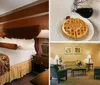 The image shows a tidy and cozy hotel room with a large bed patterned bedspread table with flowers and classic decor