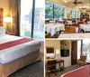 The image shows a neatly arranged hotel room with two queen-sized beds adorned with white linens and red bed runners complemented by wooden headboards bedside tables lamps and wall art