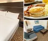 The image shows a neatly made bed with white bedding in a modern hotel room with a patterned carpet simple furnishings and warm lighting