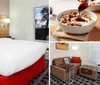 This is a modern hotel room with a large bed featuring white bedding and a red bed skirt a wooden headboard with attached lights a dresser with a phone and a window offering a view of trees and a body of water