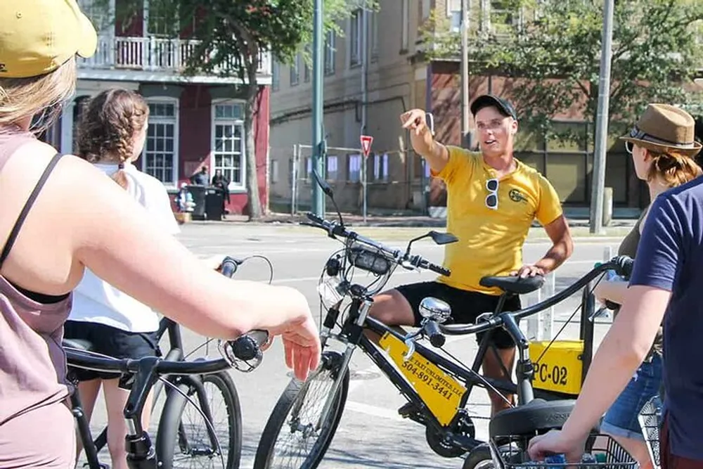 A person in a yellow shirt enthusiastically points out something of interest to fellow cyclists during an urban bike tour