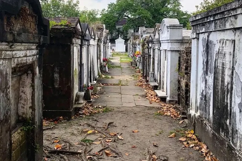 The image displays a path lined with aged above-ground tombs in a cemetery showcasing a blend of neglect and historical character under a cloud-filled sky