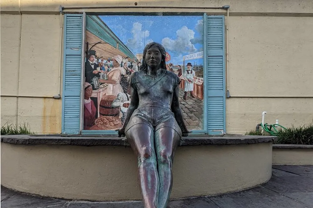 The image features a life-size bronze statue of a woman seated before a mural depicting a historical scene all set within an urban environment