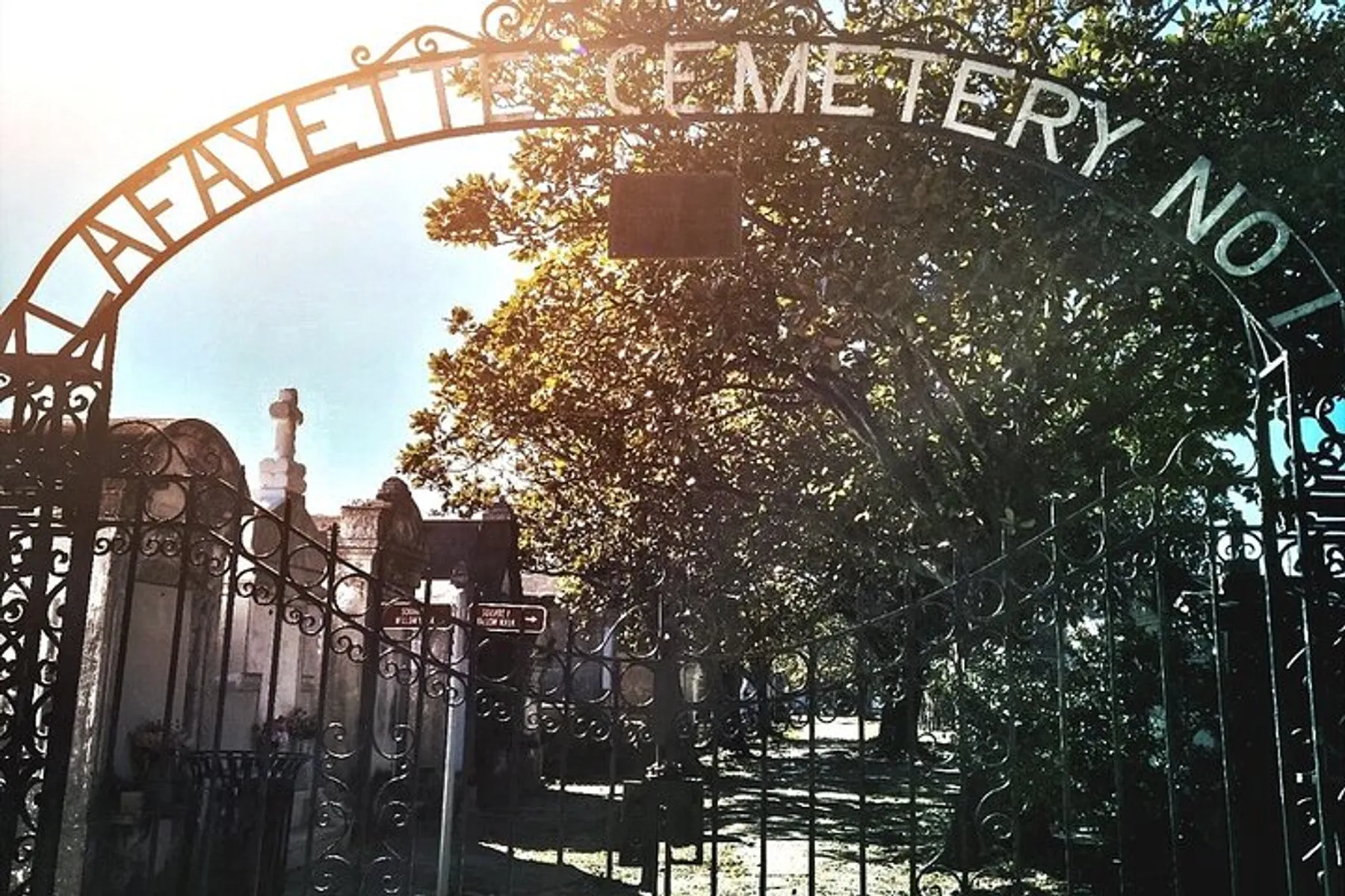 Sunlight filters through the trees behind the ornate iron gate of Lafayette Cemetery No. 1 in what appears to be a serene and historic resting place.