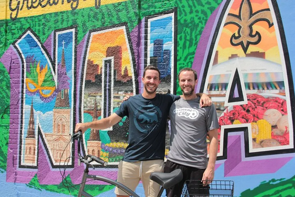 Two smiling men are standing in front of a vibrant mural with a bicycle representing elements of urban life and culture
