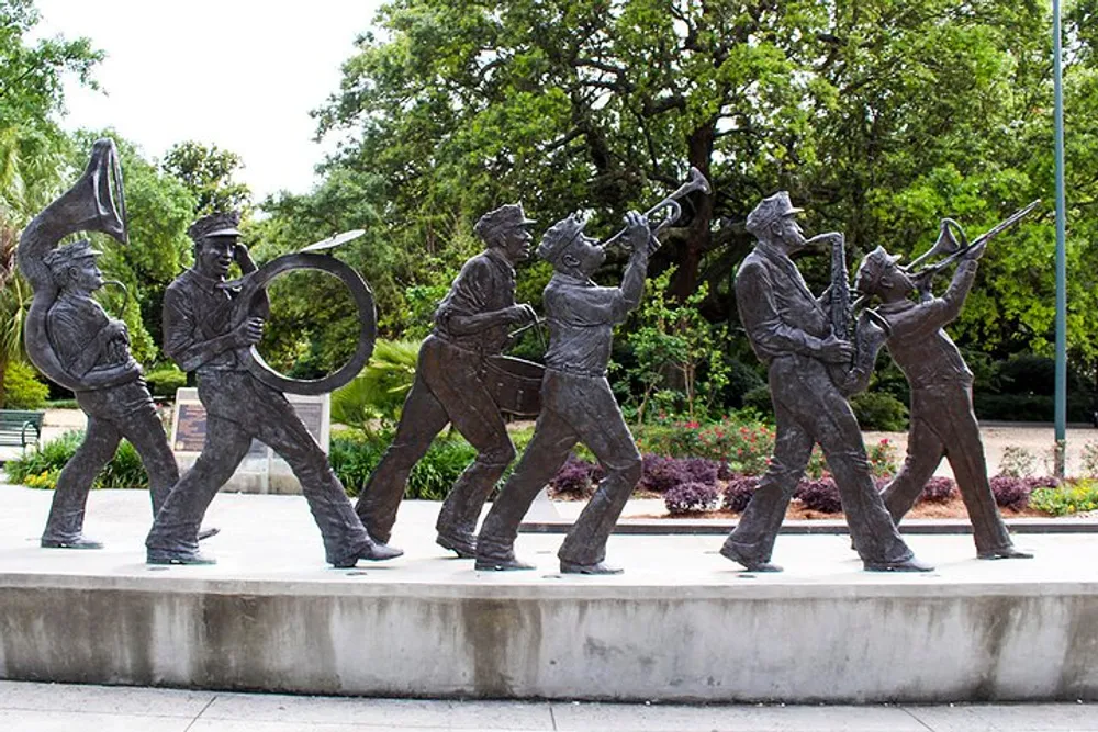 The image depicts a series of bronze statues representing a jazz band in mid-performance capturing the dynamic essence of live music