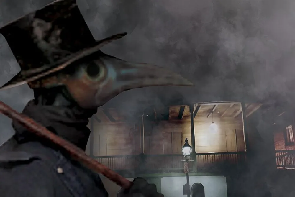 The image shows a dark moody scene with a figure wearing a plague doctor mask and a hat in the foreground with a dimly lit mysterious building and a street lamp in the background evoking a historical or Gothic atmosphere