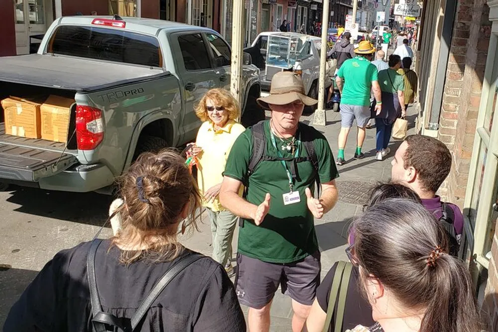 A group of people possibly on a walking tour are listening to a guide speaking on a sunny street lined with buildings and parked vehicles