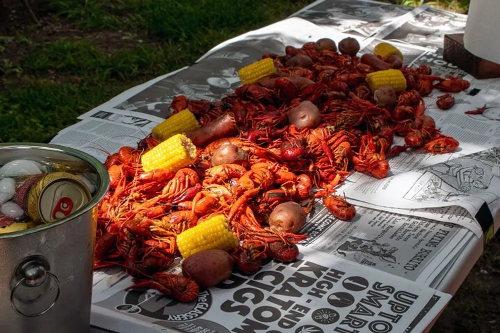 The image shows a traditional crawfish boil with a spread of red crawfish corn and potatoes on a newspaper-covered table next to a cooler with drinks