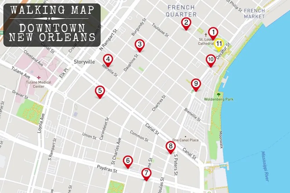 This image is a walking map of downtown New Orleans highlighting several points of interest with numbered markers