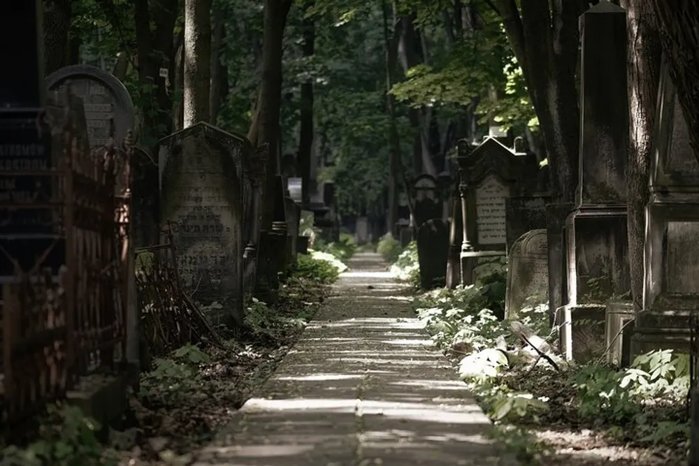 The image captures a serene pathway flanked by weathered tombstones and overgrown vegetation in a shaded tranquil cemetery