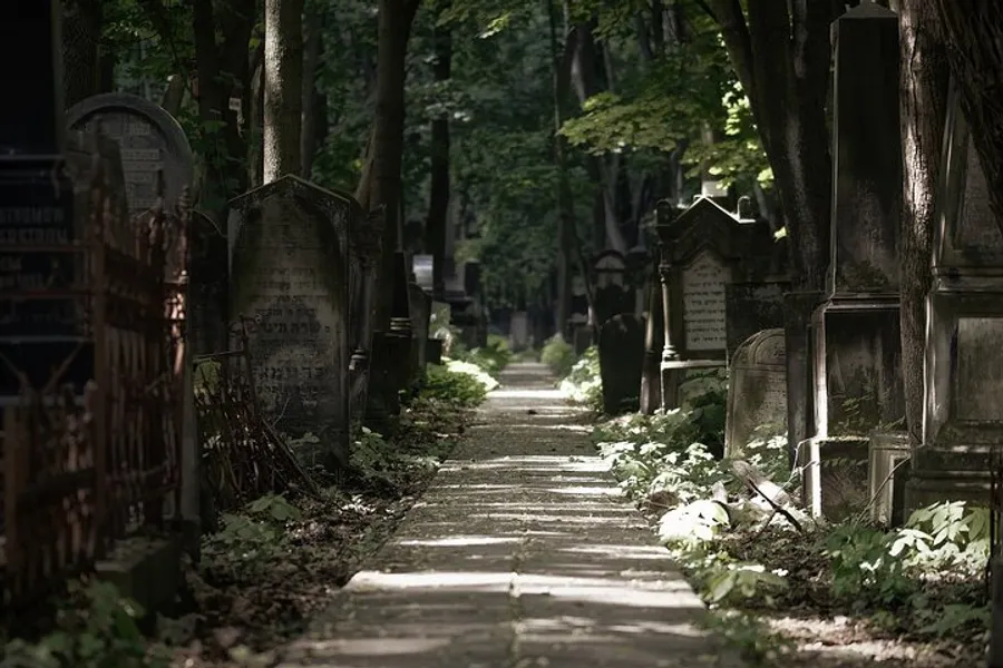 The image captures a serene pathway flanked by weathered tombstones and overgrown vegetation in a shaded, tranquil cemetery.