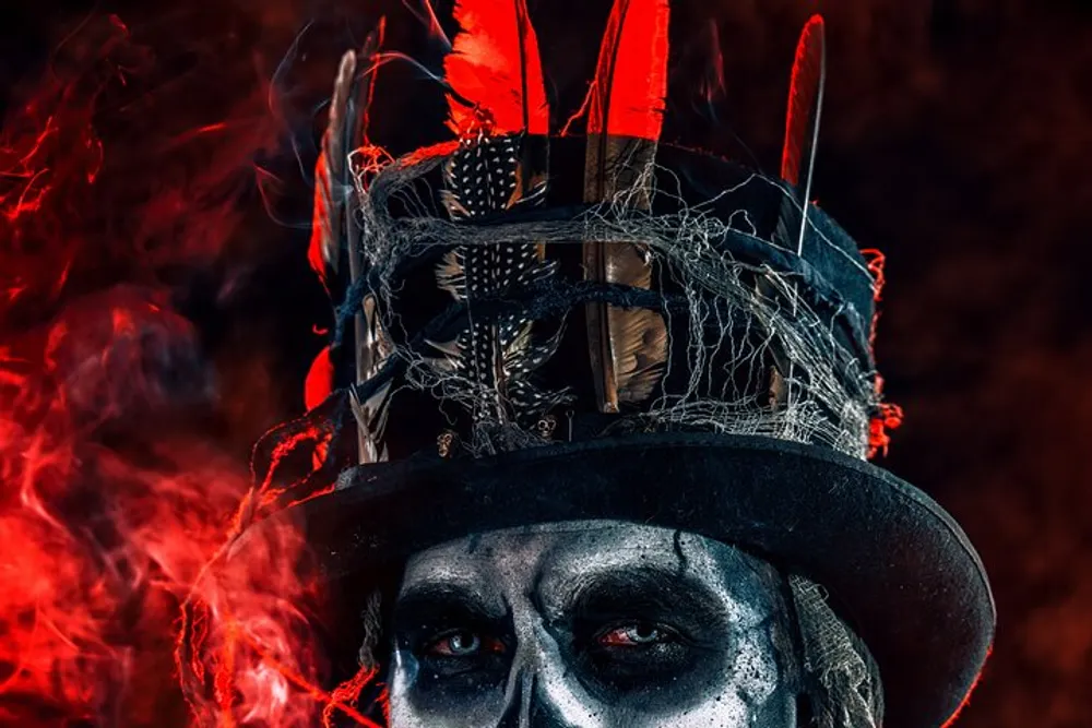 This image shows a person with striking skull face paint wearing an elaborate hat with feathers set against a dramatic red smokey background