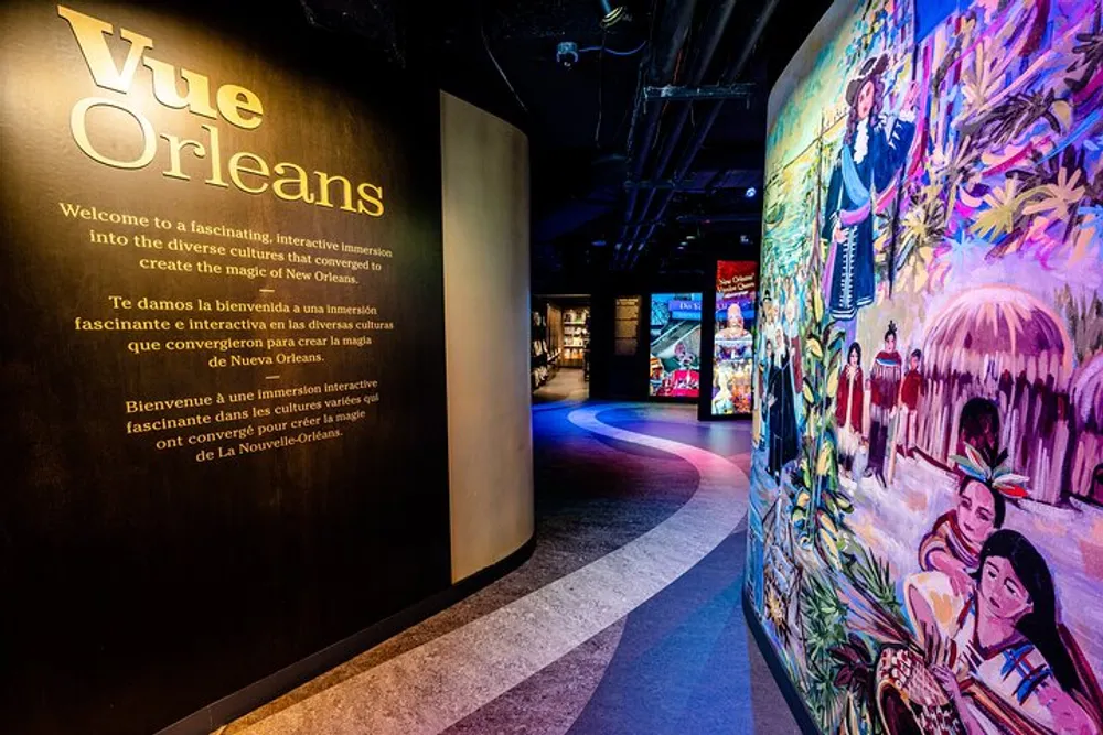The image presents a vibrant and colorful exhibition space with a wall titled Vue Orleans and multilingual welcome texts featuring artistic depictions of cultural elements associated with New Orleans