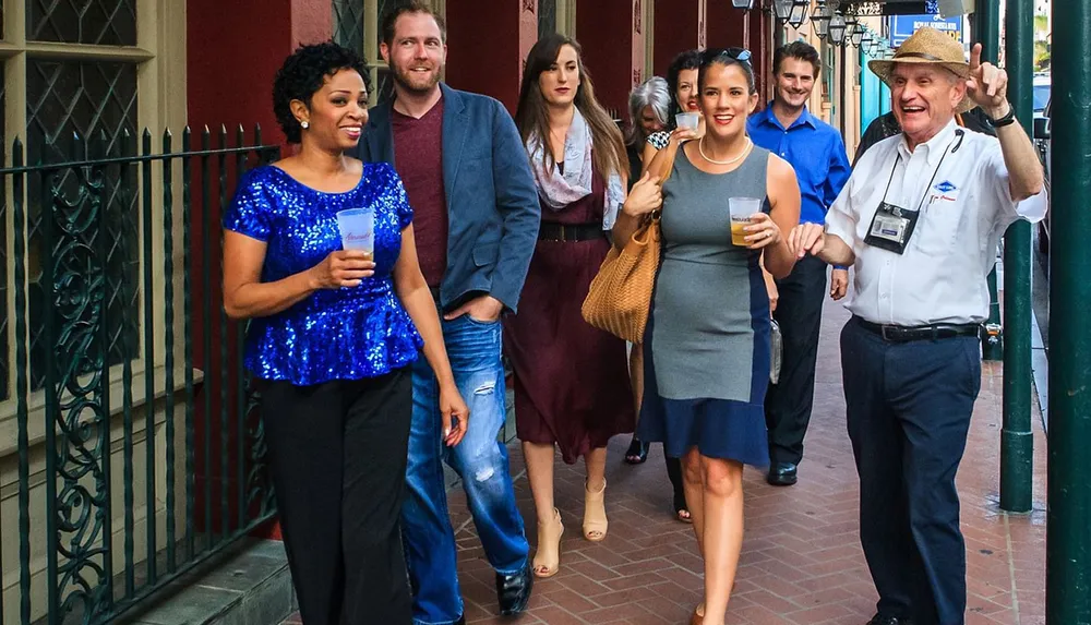 A group of people seem to be enjoying a walking tour with some holding drinks and a guide pointing out directions or sights