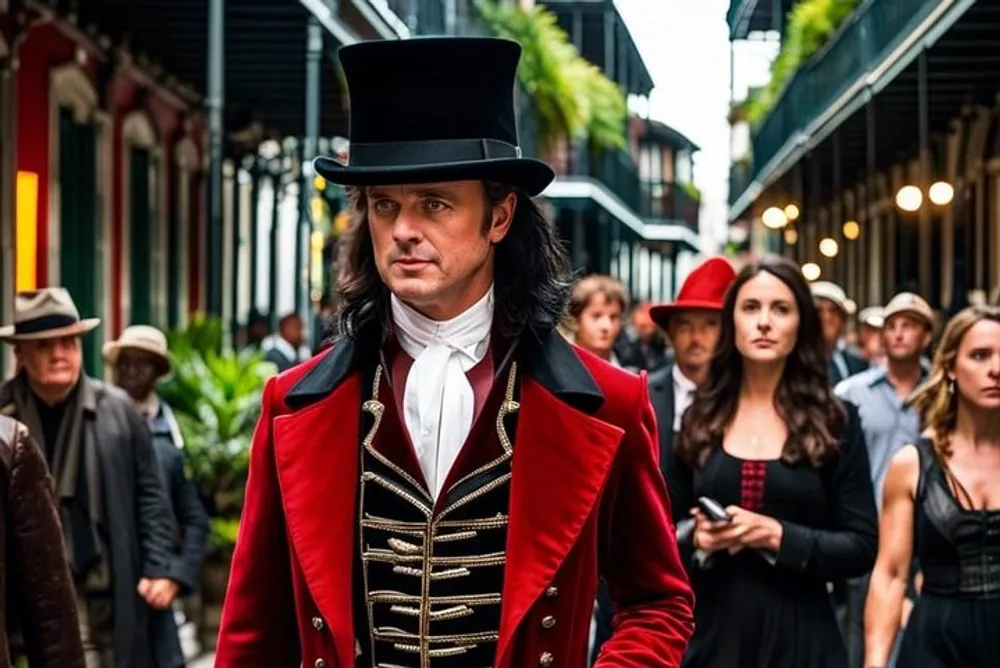A man in a red tailcoat and top hat stands out as he walks confidently through a crowd on a busy street giving the impression of a period drama scene or themed event