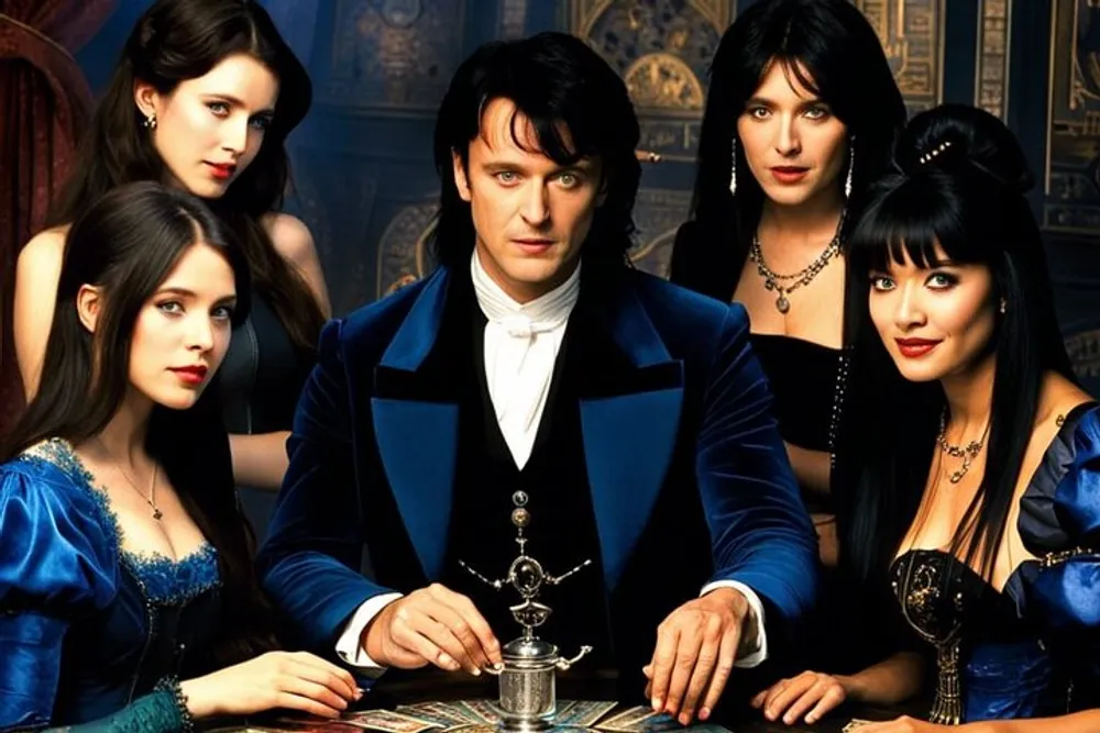 A man in a blue velvet jacket and a white cravat is sitting at a table with Tarot cards spread out surrounded by four women dressed in Victorian-style gowns against a backdrop with ornate patterns