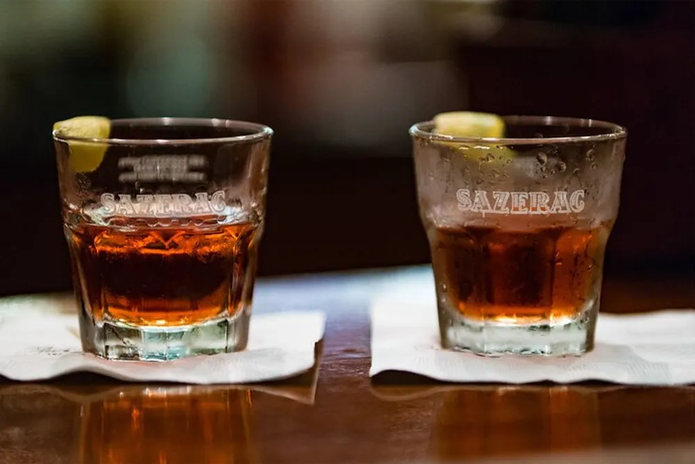Two glasses of amber-colored liquid presumably a Sazerac cocktail are placed on a bar with a napkin underneath each glass and each is garnished with a lemon peel