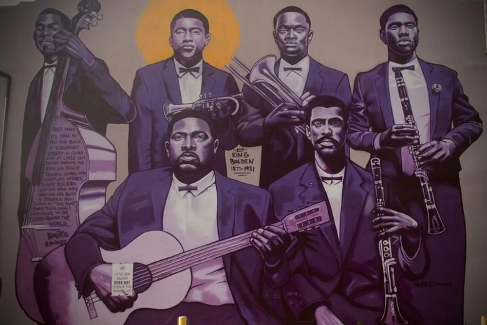 The image displays a colorful mural of six stylized musicians each playing a different instrument evoking a sense of jazz or blues music heritage