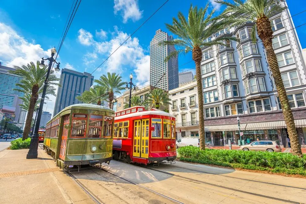 Two colorful streetcars are parked on a track-lined street amidst palm trees under a blue sky in a bustling cityscape