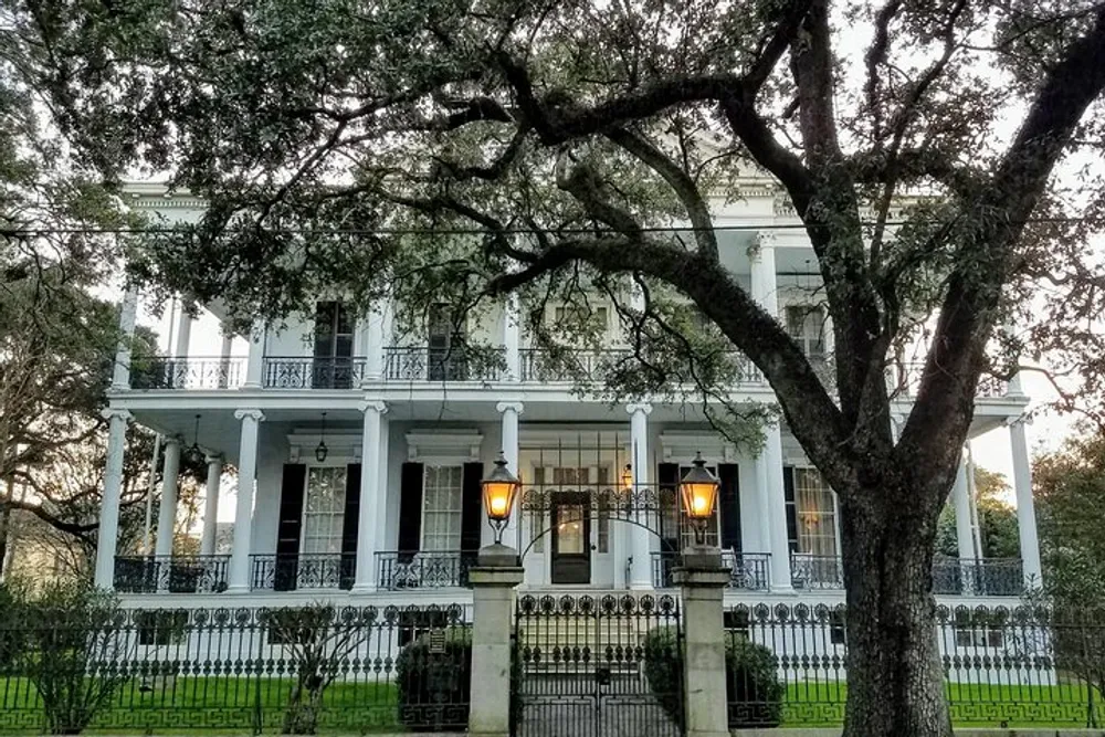 The image shows a grand white southern-style mansion with tall columns a balcony and a large oak tree in the foreground taken during the evening with the houses outdoor lights illuminated