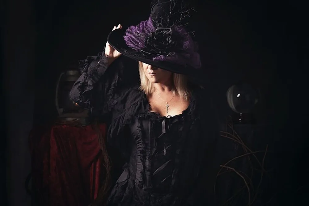 A person wearing a dark ruffled dress with a large purple and black hat creates an air of gothic mystery against a dimly lit moody background