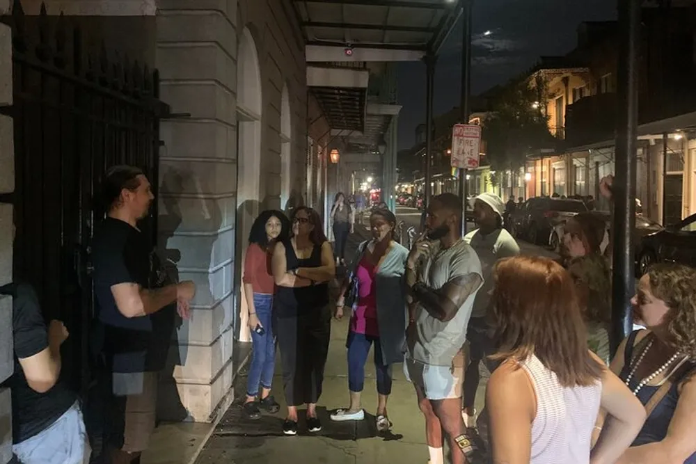 A group of people appears to be engaged in a night-time walking tour listening attentively to a guide on a city street