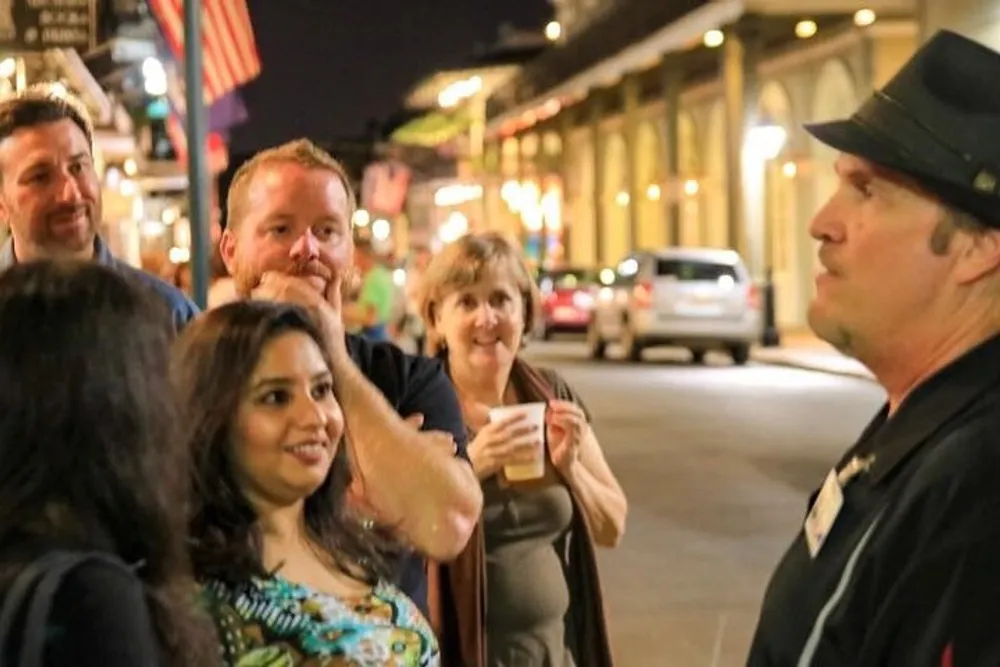 A group of people appears engaged in a lively conversation on a city street at night with one man donning a black top hat