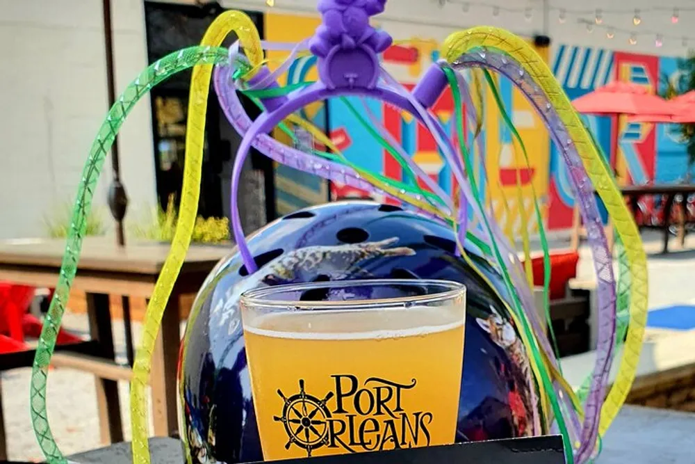 A glass of beer with the logo Port Orleans is in focus in the foreground with colorful Mardi Gras beads whimsically arranged around a globe-like object in the background