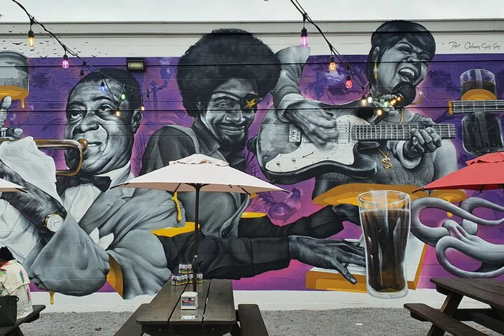 The image shows an outdoor seating area with wooden picnic tables and umbrellas in front of a vibrant mural depicting several musicians playing instruments and singing