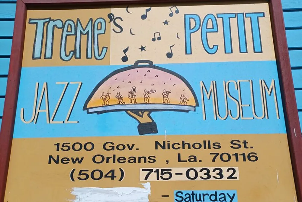 This image shows a colorful sign for the Tremes Petit Jazz Museum in New Orleans featuring an illustration of musicians under a parasol and details like the address and phone number