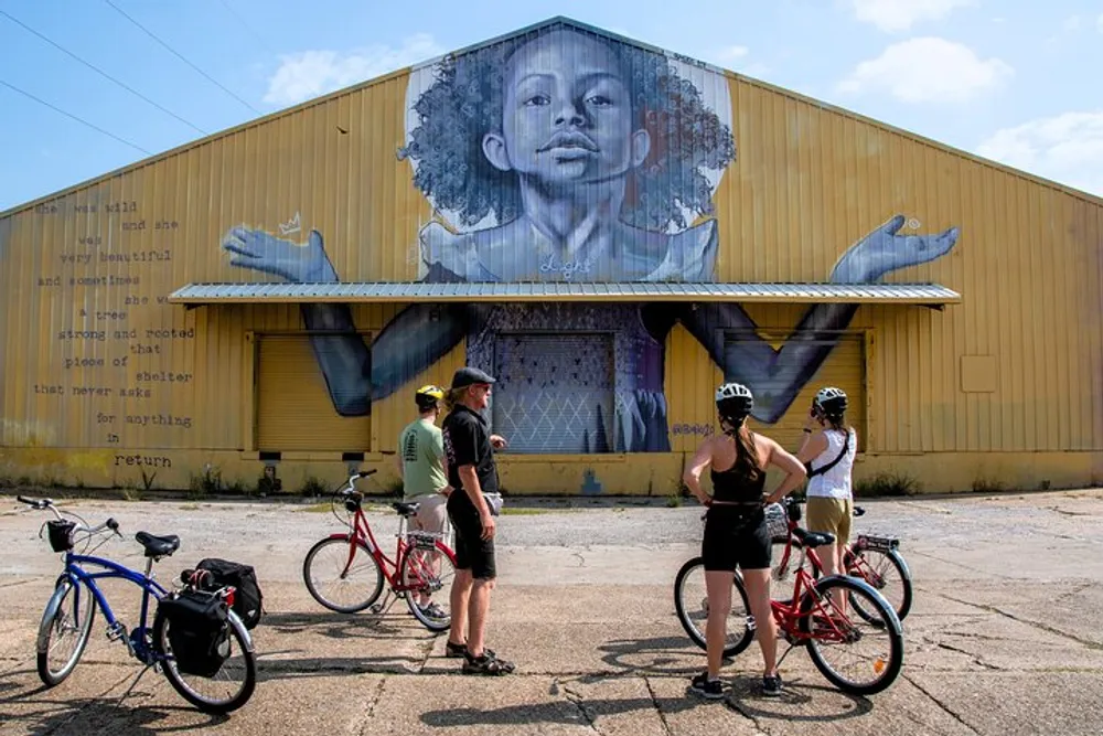 Three cyclists are standing in front of a large yellow building adorned with a black and white mural of a childs face under a clear blue sky