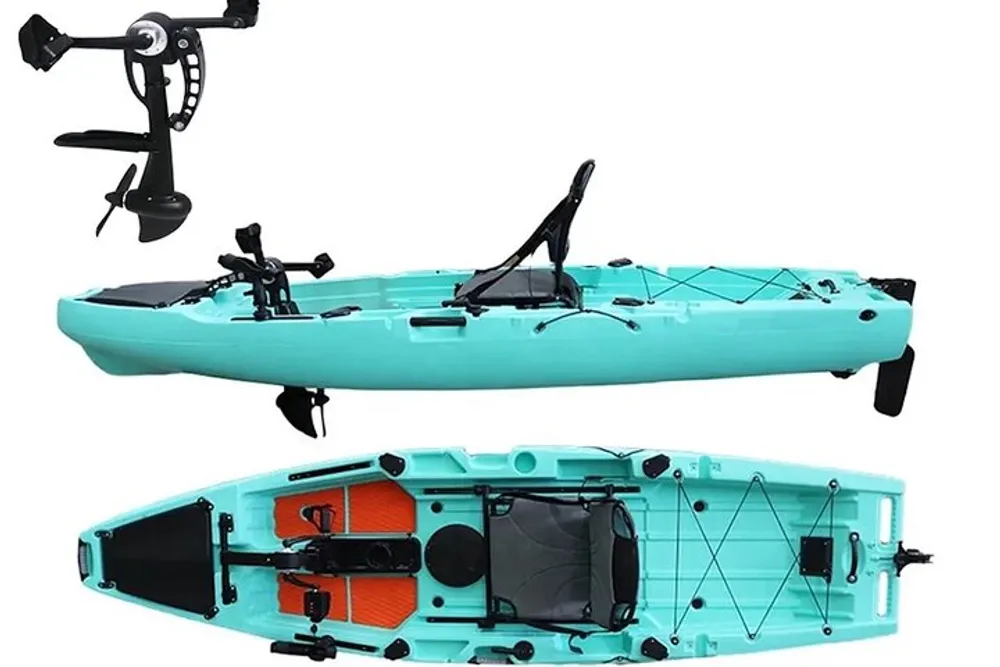 The image shows two views of a turquoise fishing kayak with an installed foot pedal system and various mountings and storage areas