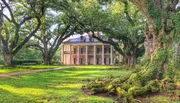 A stately historic mansion stands surrounded by sprawling live oak trees with lush greenery in a serene park-like setting.