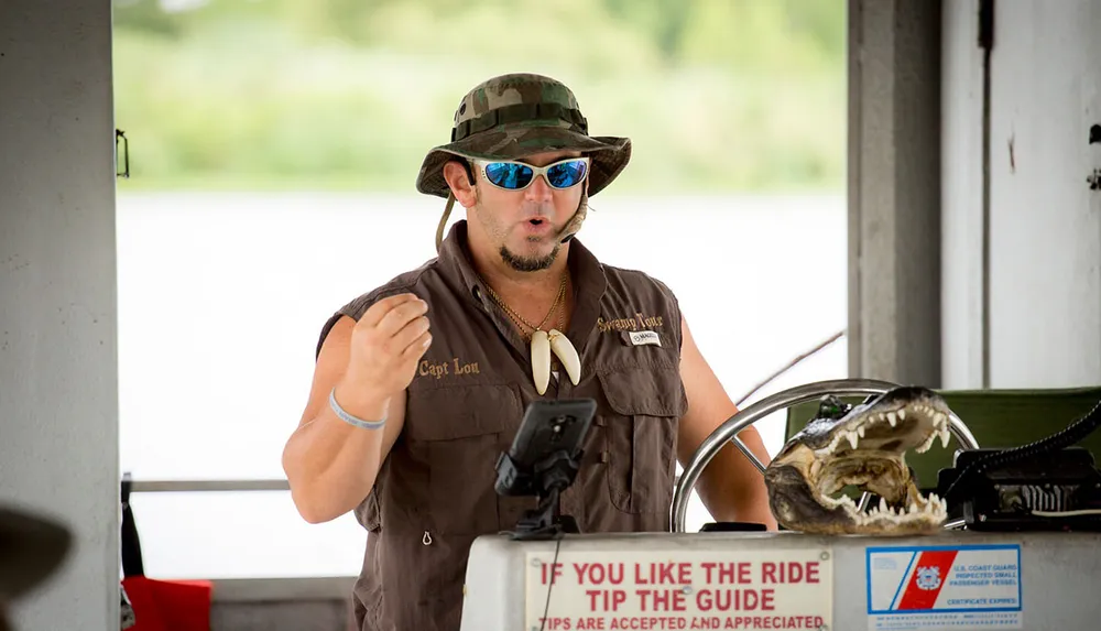 A person wearing sunglasses and a camo hat is speaking animatedly next to a sign that reads IF YOU LIKE THE RIDE TIP THE GUIDE with an alligator skull on the surface in front of them
