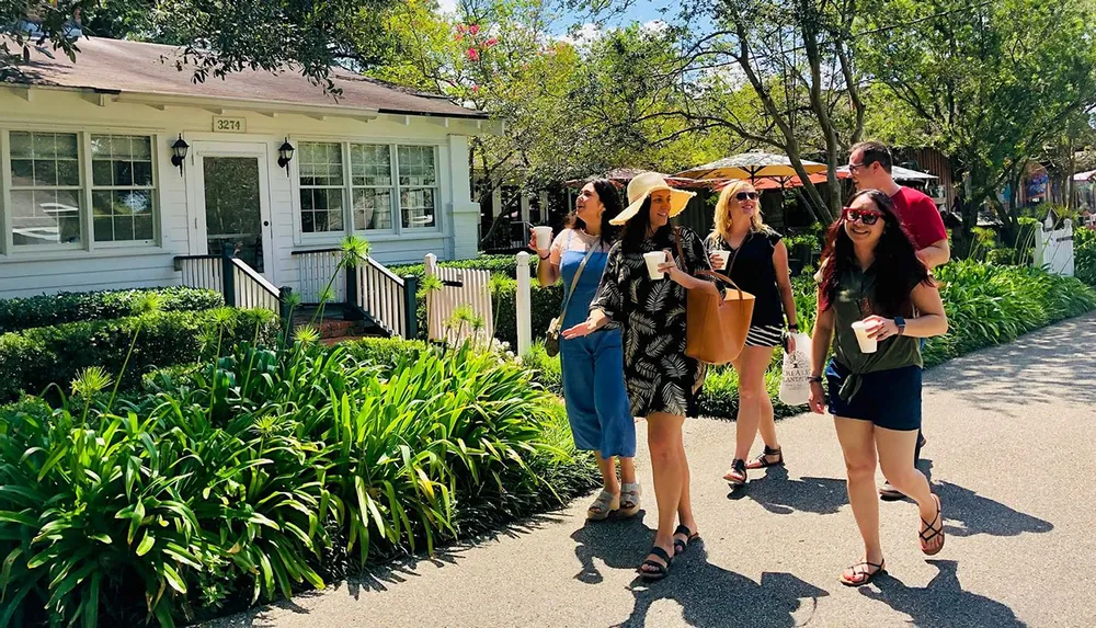 A group of people are enjoying a sunny day while walking and chatting with drinks in their hands on a street lined with greenery and a quaint house in the background