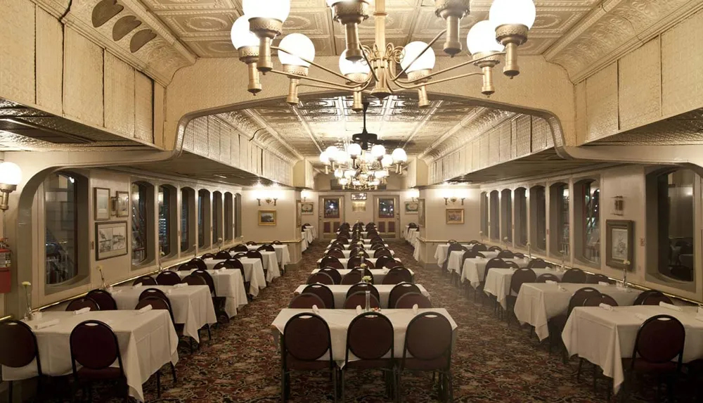An elegant vintage dining room with rows of white-clothed tables ornate ceiling details and classic lighting fixtures