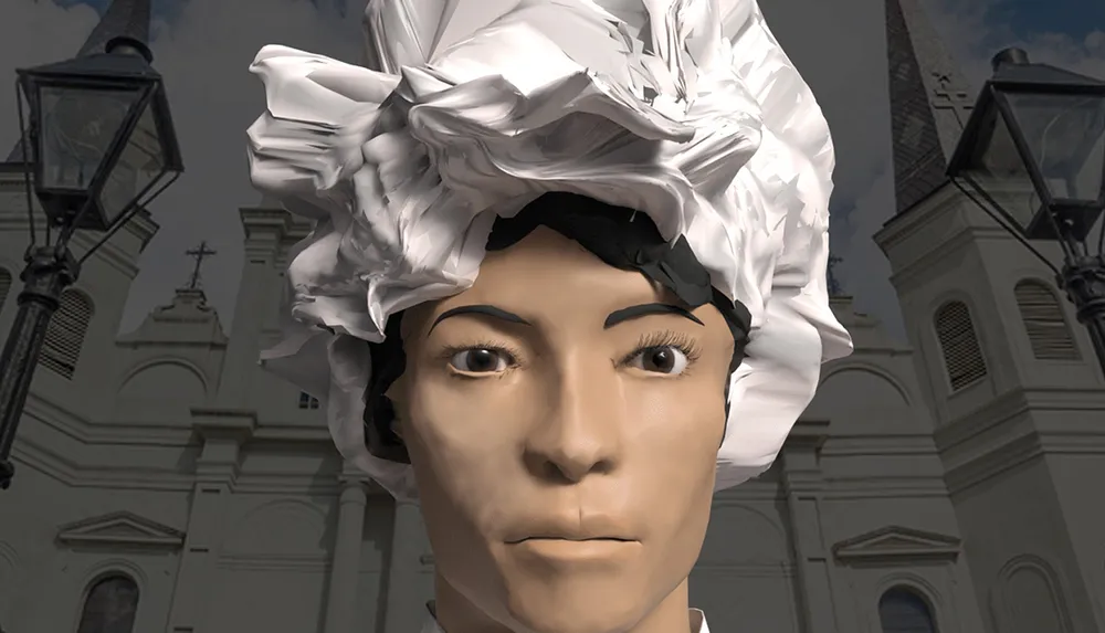The image features a close-up of a human-like CGI figure wearing a crumpled white chefs hat with a historical building and a lamppost in the softly focused background
