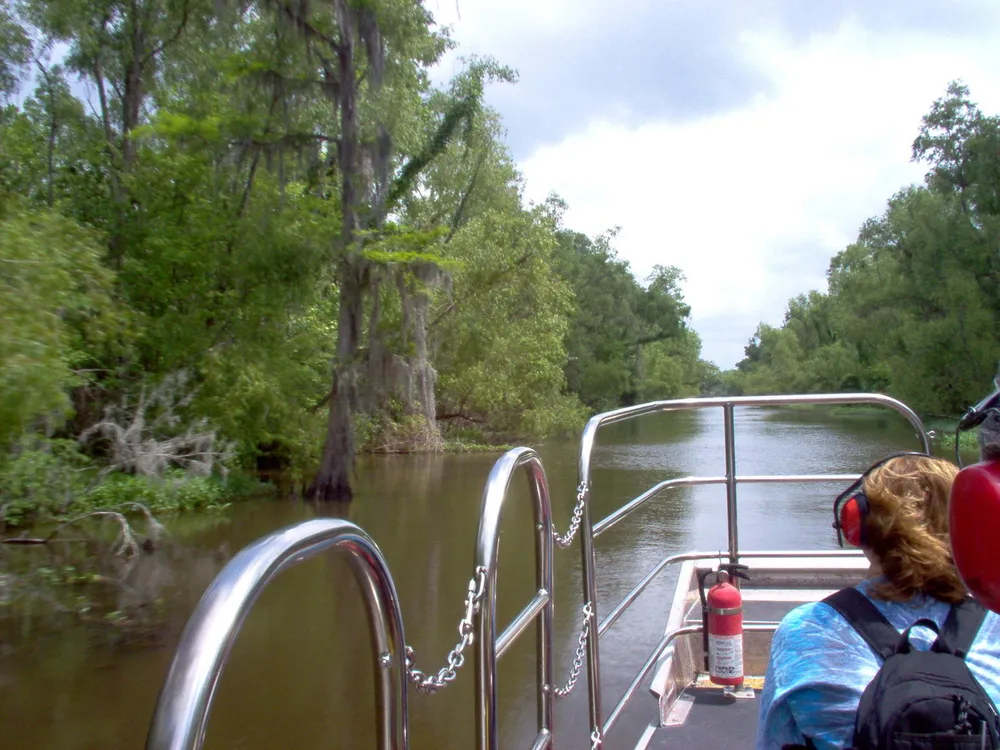 A person with headphones is observing a tree-lined river from a boat with metal railings suggesting a guided tour or exploration