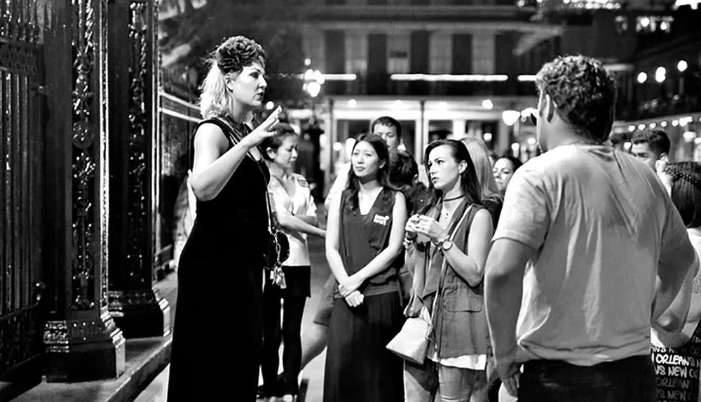 A woman in a black dress is enthusiastically speaking to an attentive audience on a city street at night in a black and white photograph