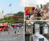 A red double-decker City Sightseeing bus with tourists on the top deck is driving through a busy street in New Orleans