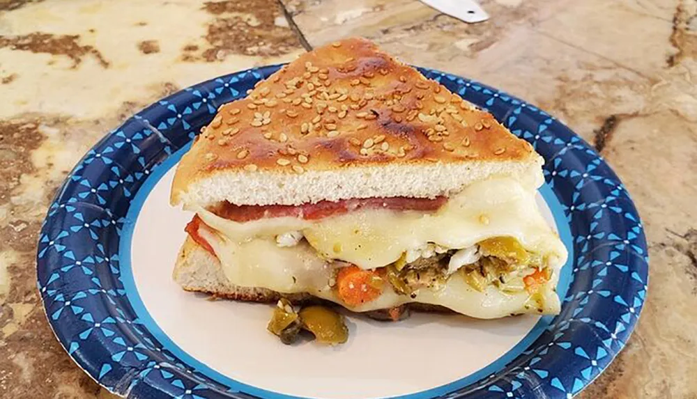 The image shows a sandwich with melted cheese tomatoes and pickles on a sesame seed bun served on a blue-patterned paper plate