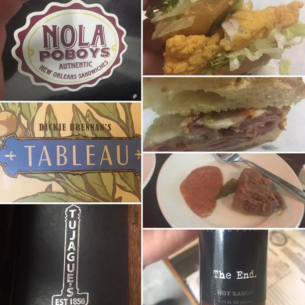 The image is a collage of six different photos showcasing logos of New Orleans eateries and some of their dishes including a poboy sandwich a meat and sauce dish and a bottle of hot sauce labeled The End