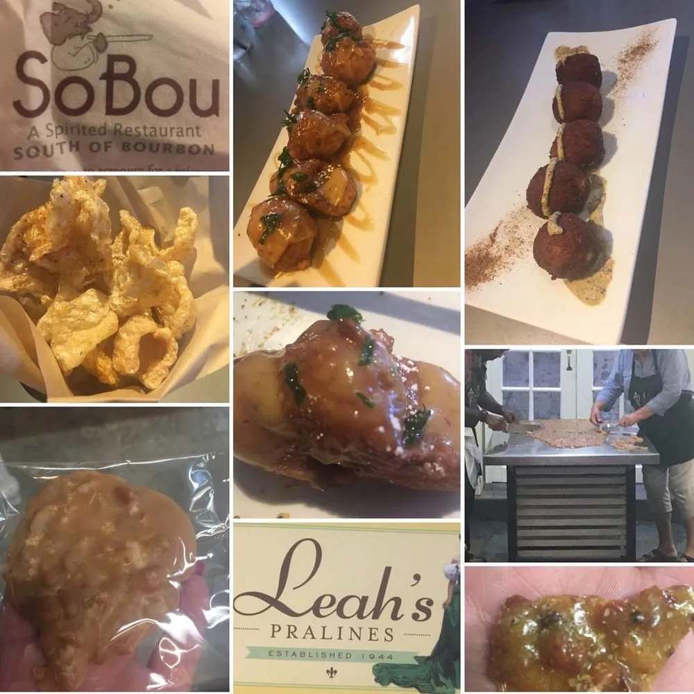 The image is a collage featuring various dishes like pork belly skewers fried pork skins and chocolate-covered confections as well as a photo of a person working with what appears to be confectionery all possibly related to New Orleans cuisine
