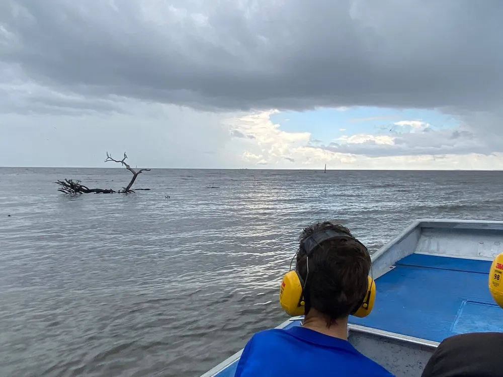 A person wearing earmuffs sits at the back of a boat looking towards a barren tree in a vast body of water beneath a cloudy sky