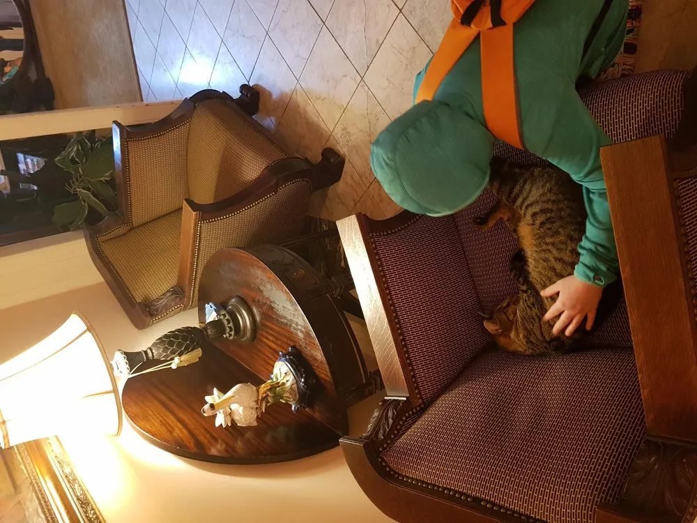 A person in a dinosaur costume is petting a cat on a chair in a warmly lit room