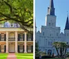 The image displays a side-by-side comparison of two iconic structures a southern plantation-style house with large supporting columns under a canopy of a live oak tree and a historic church with two prominent steeples against a clear sky