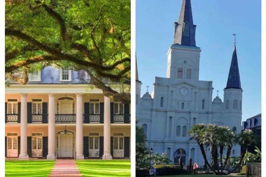 The image displays a side-by-side comparison of two iconic structures: a southern plantation-style house with large supporting columns under a canopy of a live oak tree, and a historic church with two prominent steeples against a clear sky.