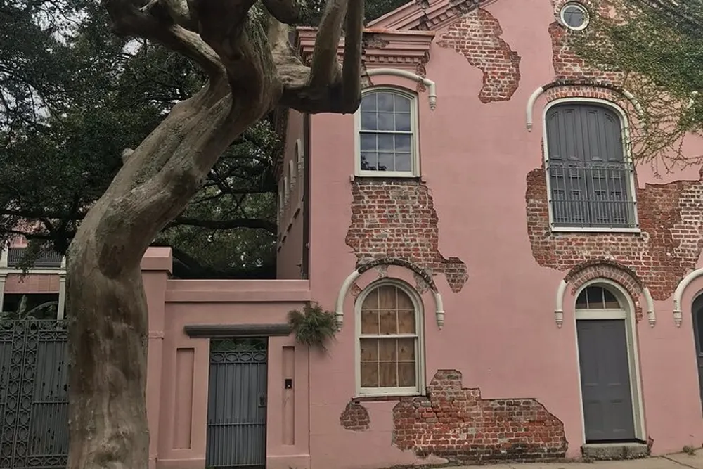 The image shows an aged pink brick building with a large tree in front featuring elements of peeling plaster and exposed bricks contributing to a sense of historic charm