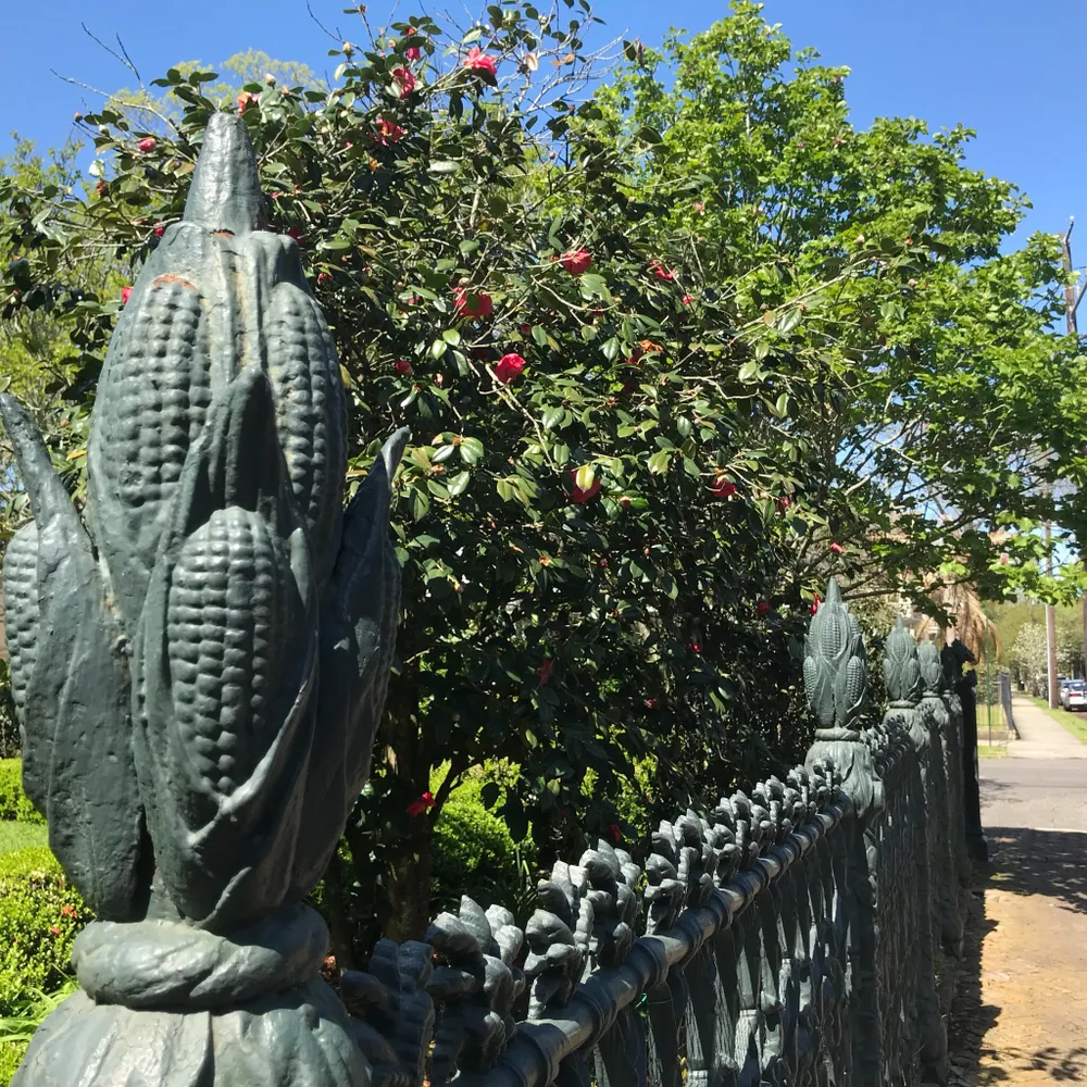 An ornate metal fence with corn cob-shaped posts lines a sidewalk next to a lush bush with red flowers under a clear blue sky